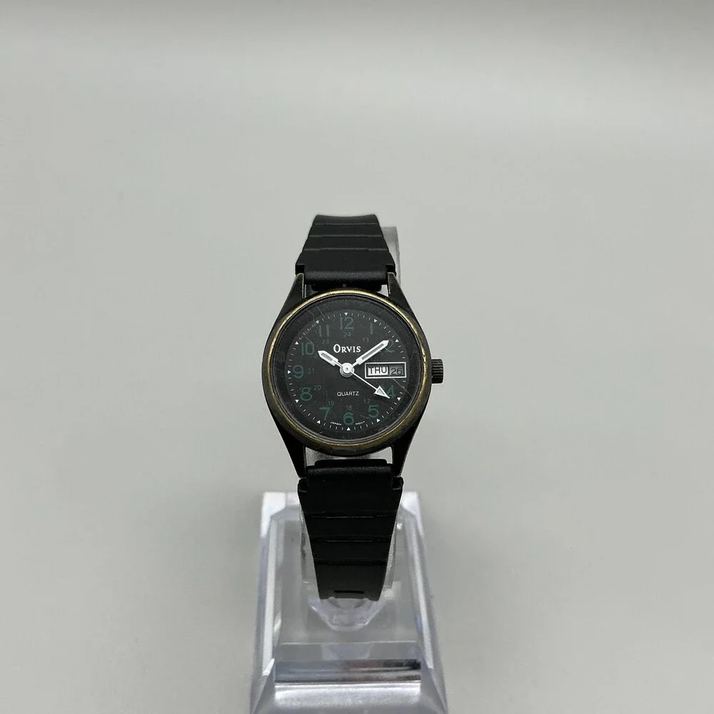 Vintage Orvis Womens Watch 24mm Black Dial Rubber Strap Day Date New Battery